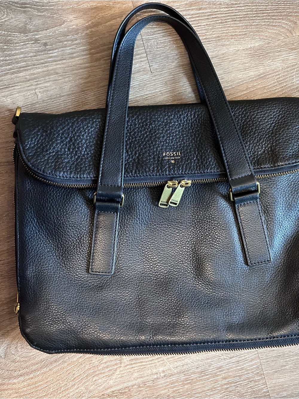 Fossil Black Pebbled Leather Laptop Bag with Gold Hardware Foldover No LongStrap